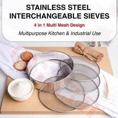 Stainless Steel 4-in-1 Atta Channi (Flour Sieve) with Interchangeable Mesh Sieves, Multi-Size Strainer for Flour, Maida & Grains
