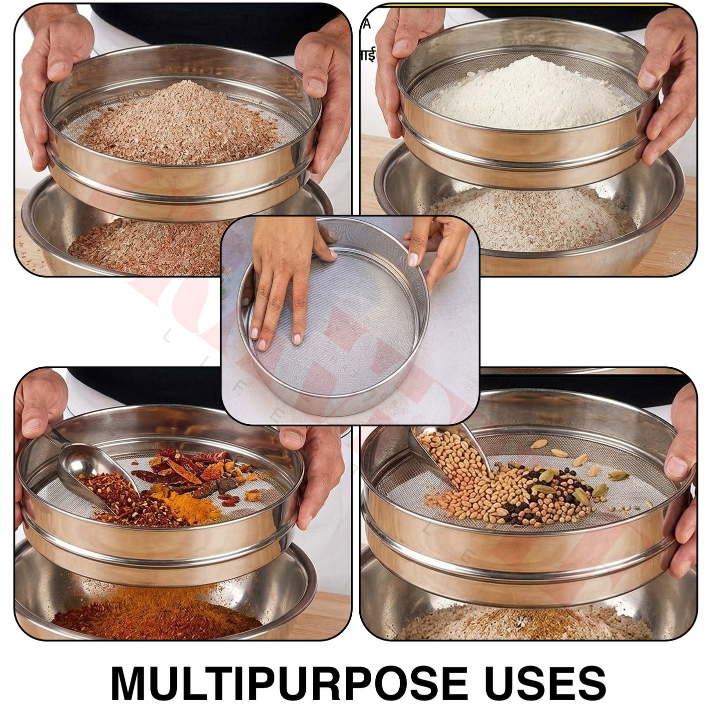 Stainless Steel 4-in-1 Atta Channi (Flour Sieve) with Interchangeable Mesh Sieves, Multi-Size Strainer for Flour, Maida & Grains