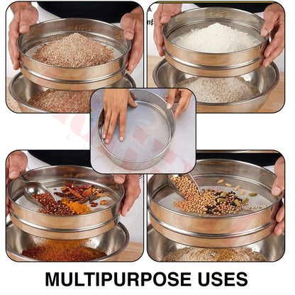 Stainless Steel 4-in-1 Atta Channi (Flour Sieve) with Interchangeable Mesh Sieves, Multi-Size Strainer for Flour, Maida & Grains