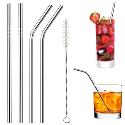 Stainless Steel Reusable Straw Set with Cleaning Brush, Straight & Bent Metal Straws for Juice, Coffee & Drinks (Eco-Friendly, Durable)