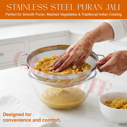 Stainless Steel Puran Jali Strainer (24 cm, No. 9), Heavy-Duty Wire Mesh Strainer for Vegetables, Puran & Kitchen Use (Strong, Durable Design)