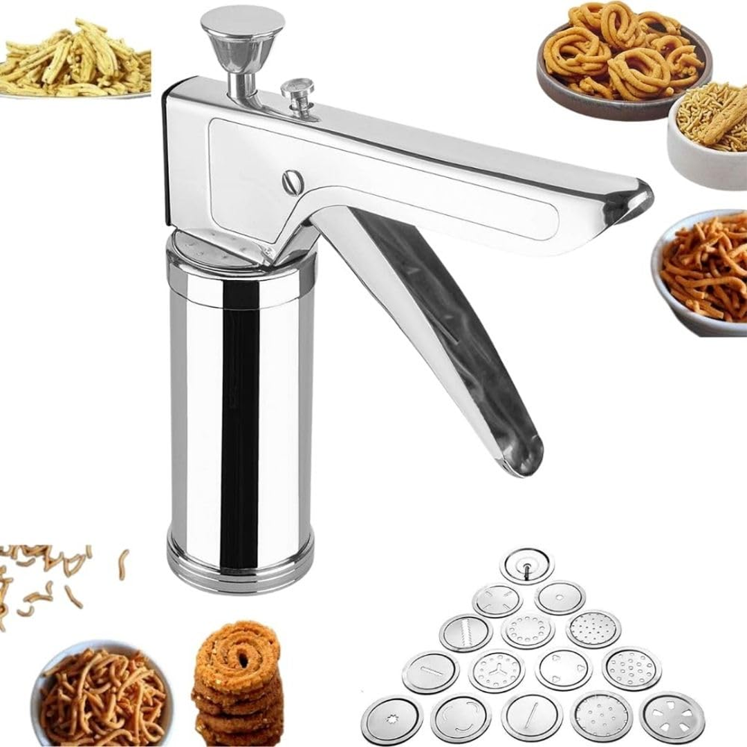 Stainless Steel Kitchen Press (Sev Maker) with Multiple Jali Discs, Heavy-Duty Snack Maker for Chakli, Murukku, Sev & Namkeen