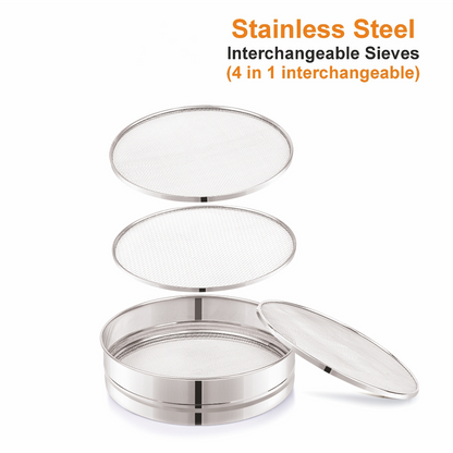 Stainless Steel 4-in-1 Atta Channi (Flour Sieve) with Interchangeable Mesh Sieves, Multi-Size Strainer for Flour, Maida & Grains