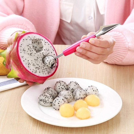 Stainless Steel Melon Scoop with Dual Ends, Fruit Baller & Carving Tool for Watermelon, Muskmelon & Dragon Fruit (Ergonomic Grip)