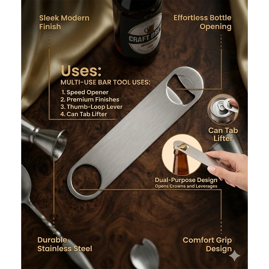 Stainless Steel Bottle Opener, Heavy-Duty Bar Tool with Dual-Use Design for Bottle Caps & Can Tabs (Durable, Easy Grip)