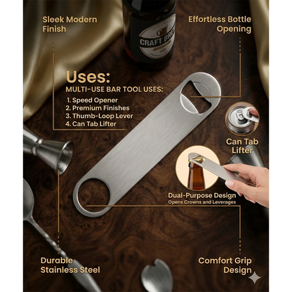 Stainless Steel Bottle Opener, Heavy-Duty Bar Tool with Dual-Use Design for Bottle Caps & Can Tabs (Durable, Easy Grip)