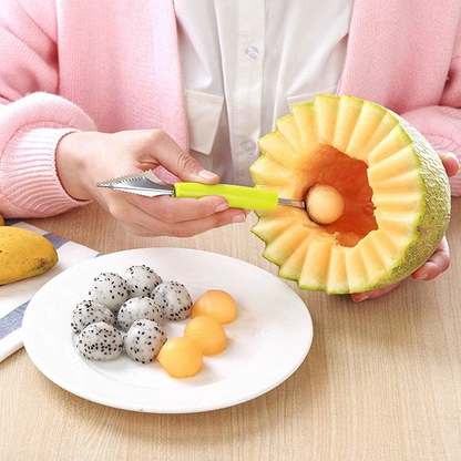 Stainless Steel Melon Scoop with Dual Ends, Fruit Baller & Carving Tool for Watermelon, Muskmelon & Dragon Fruit (Ergonomic Grip)