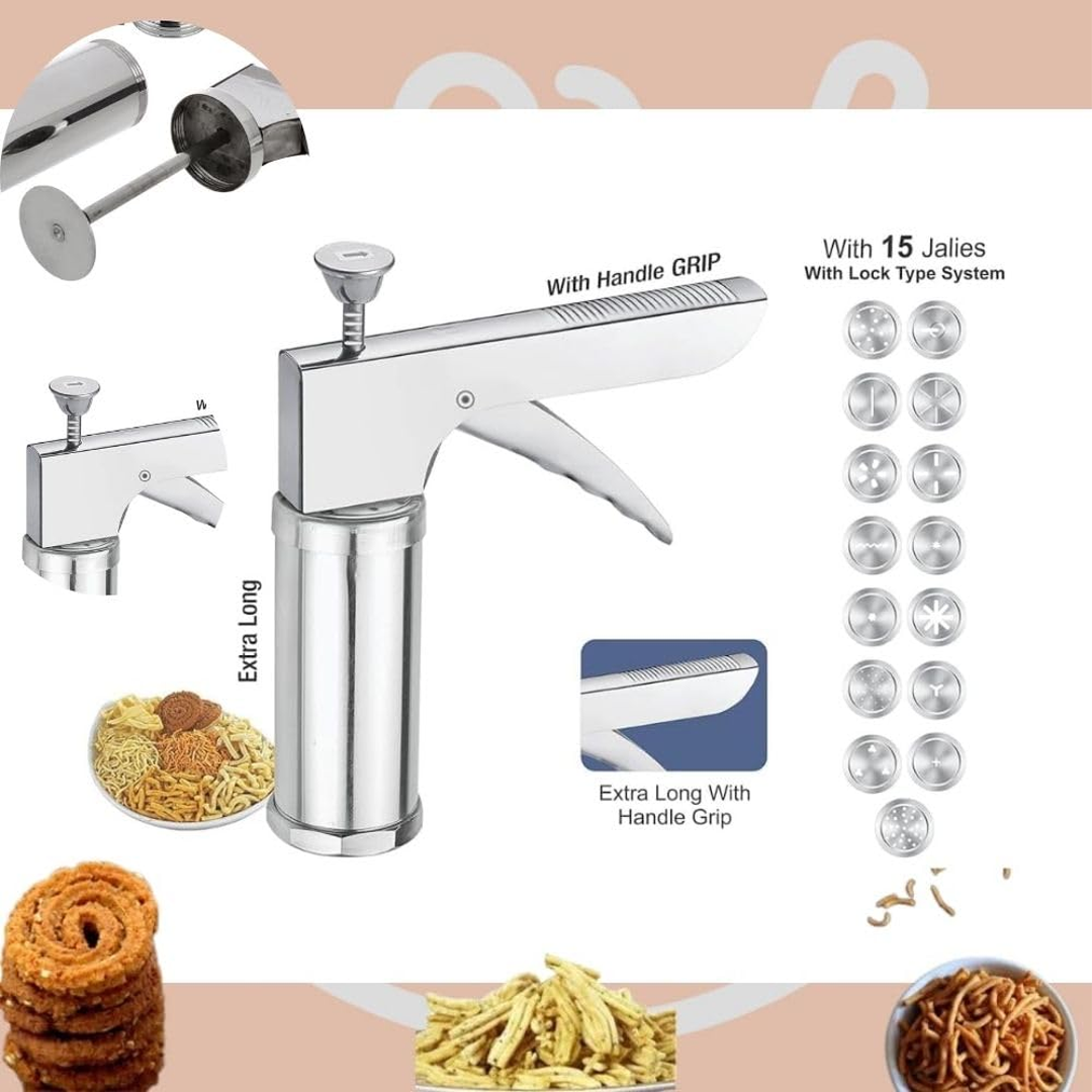 Stainless Steel Kitchen Press (Sev Maker) with Multiple Jali Discs, Heavy-Duty Snack Maker for Chakli, Murukku, Sev & Namkeen
