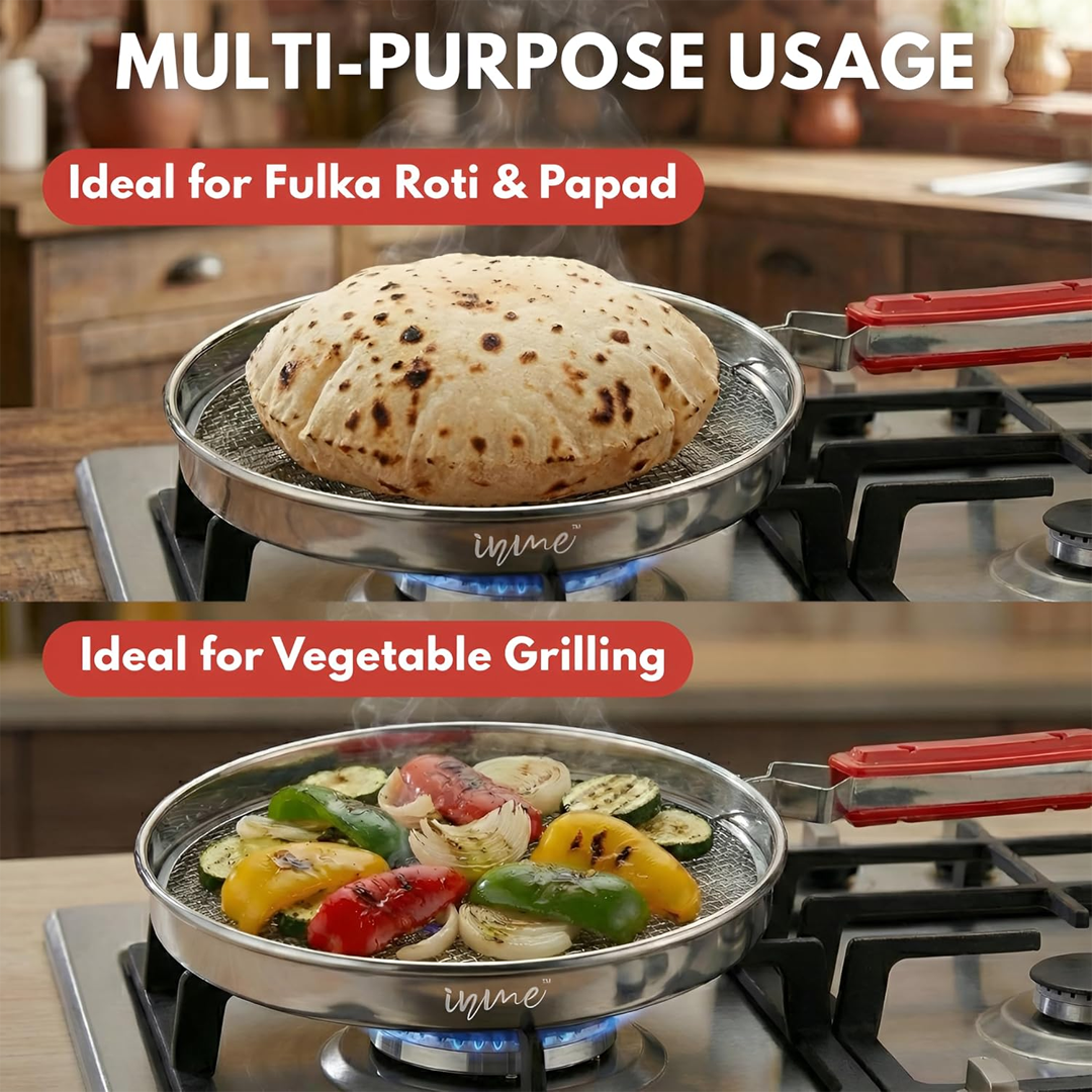 Stainless Steel Papad Roaster Jali with Handle, Gas Stove Roasting Net for Papad, Roti & Snacks (Includes Oil Brush, Heat-Resistant Design)