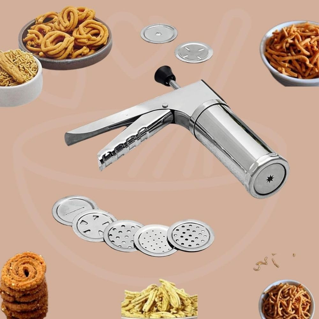 Stainless Steel Kitchen Press (Sev Maker) with Multiple Jali Discs, Heavy-Duty Snack Maker for Chakli, Murukku, Sev & Namkeen