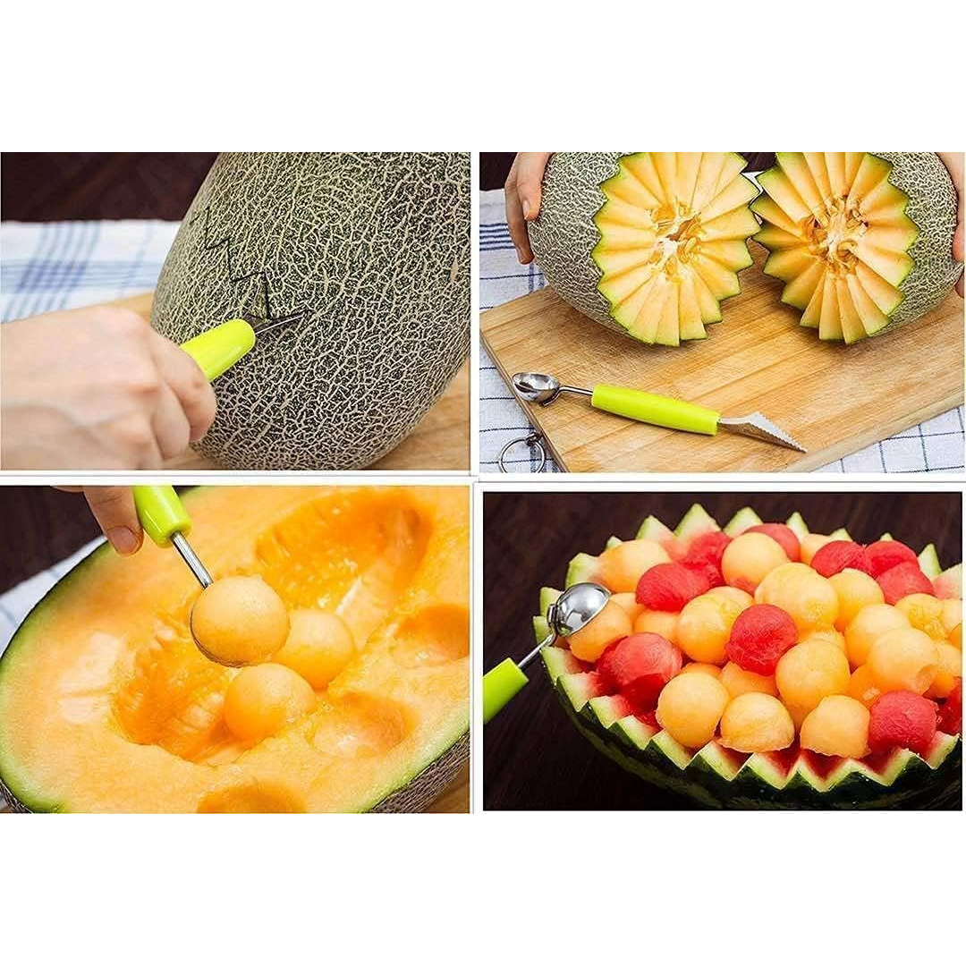 Stainless Steel Melon Scoop with Dual Ends, Fruit Baller & Carving Tool for Watermelon, Muskmelon & Dragon Fruit (Ergonomic Grip)