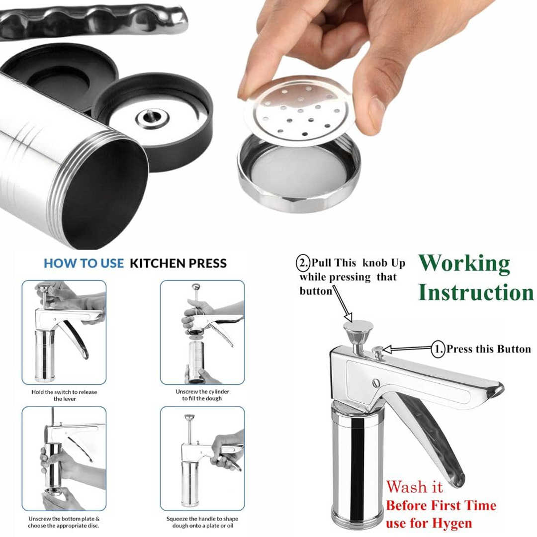 Stainless Steel Kitchen Press (Sev Maker) with Multiple Jali Discs, Heavy-Duty Snack Maker for Chakli, Murukku, Sev & Namkeen