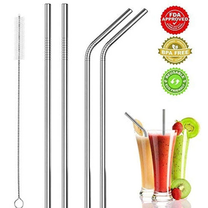 Stainless Steel Reusable Straw Set with Cleaning Brush, Straight & Bent Metal Straws for Juice, Coffee & Drinks (Eco-Friendly, Durable)