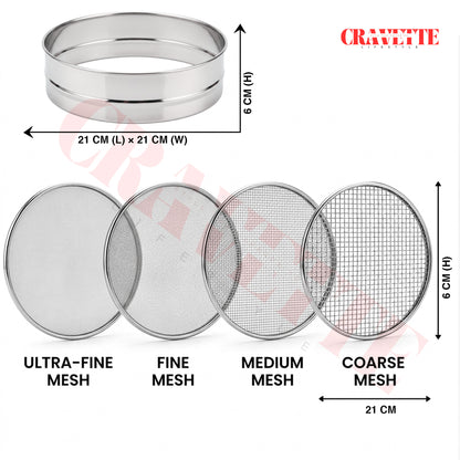 Stainless Steel 4-in-1 Atta Channi (Flour Sieve) with Interchangeable Mesh Sieves, Multi-Size Strainer for Flour, Maida & Grains