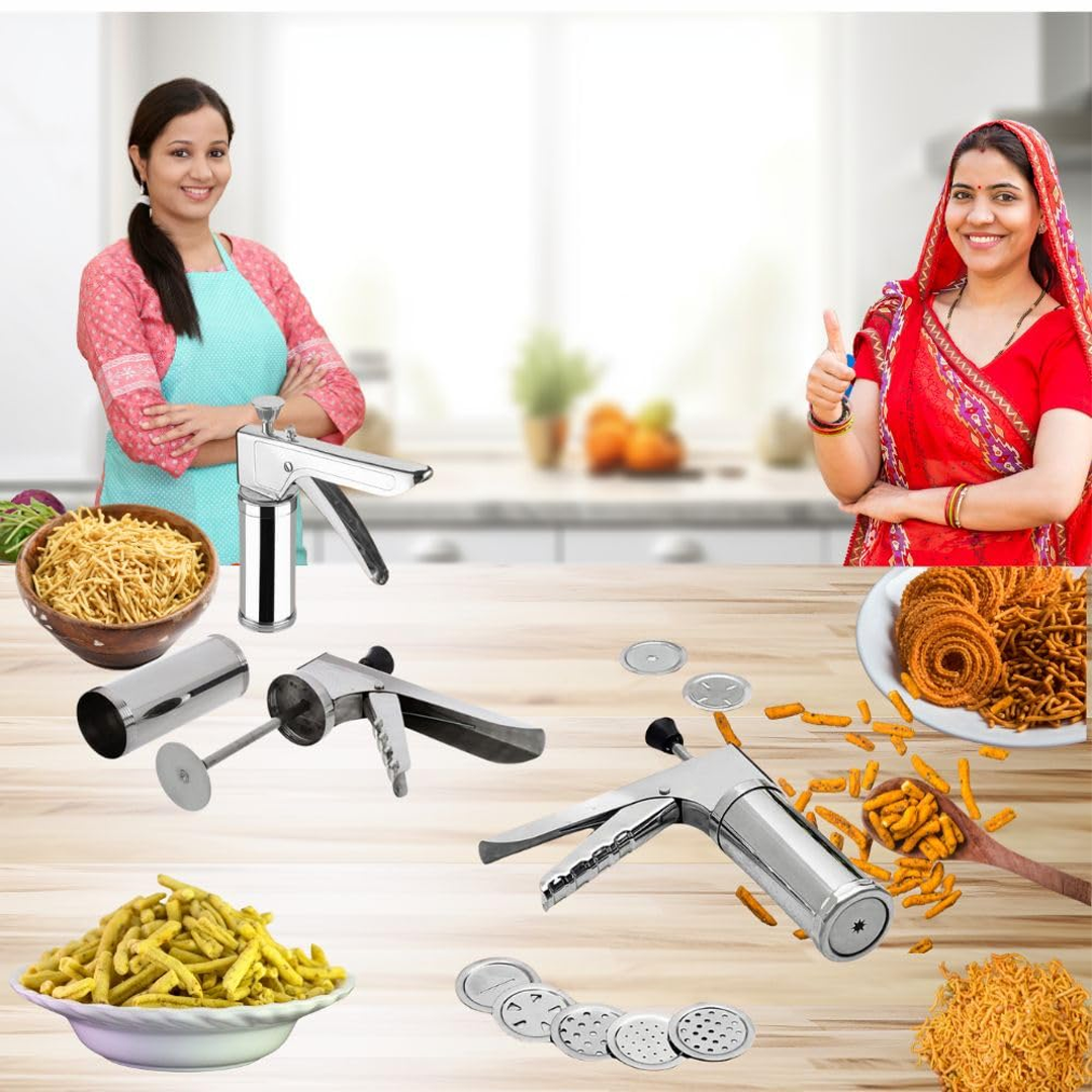 Stainless Steel Kitchen Press (Sev Maker) with Multiple Jali Discs, Heavy-Duty Snack Maker for Chakli, Murukku, Sev & Namkeen