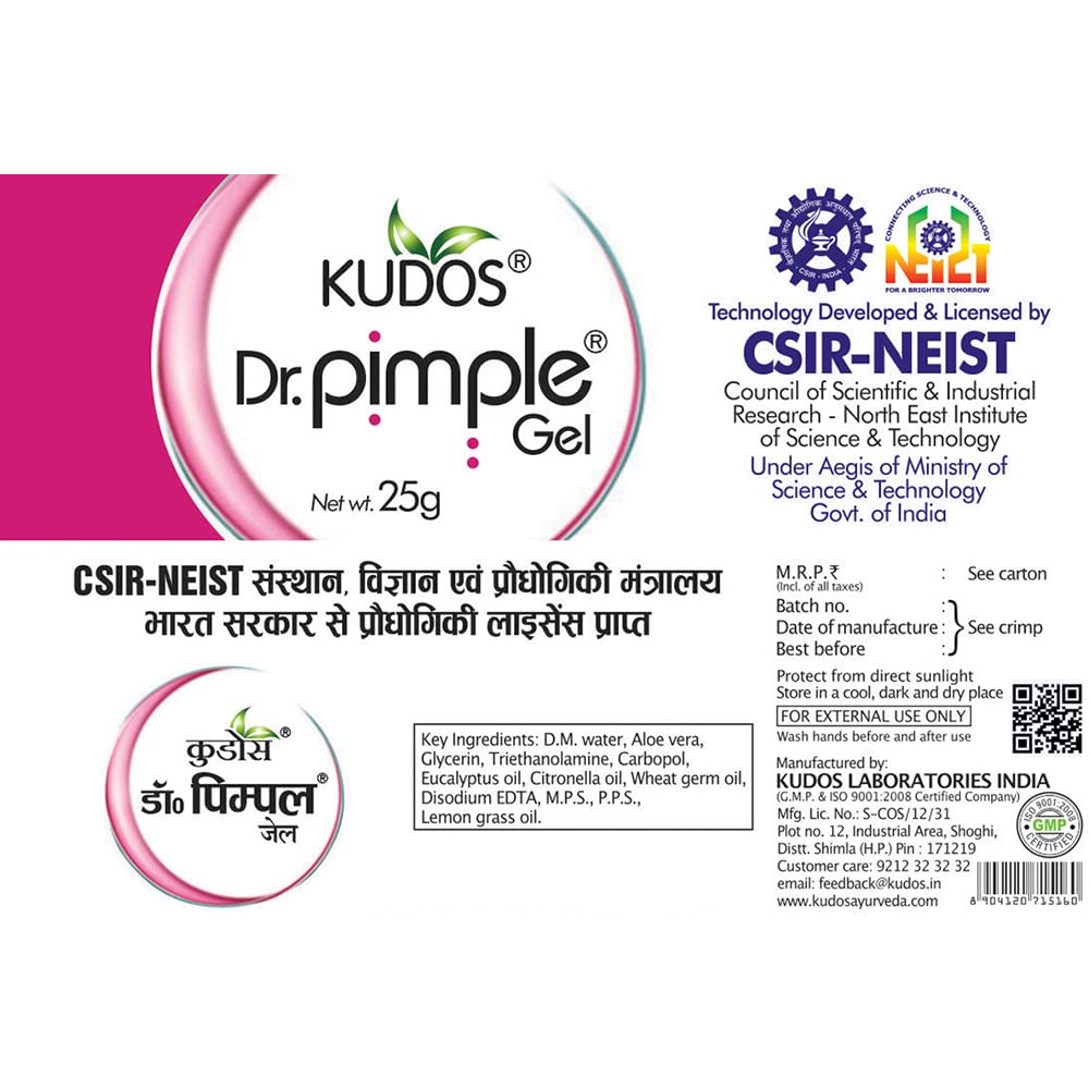 Kudos Dr. Pimple Gel | Ayurvedic Anti Acne Treatment | Reduces Pimples, Marks & Oil | Fast Acting, Oil-Free Formula | For Clear & Healthy Skin (25g)